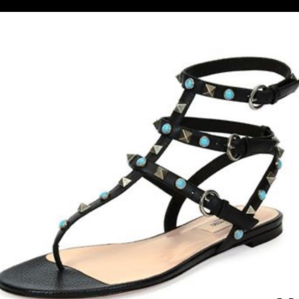 Valentino Garavani Black Turquoise Rockstud Flat Thong Sandals Size 41 (8.5-9)
